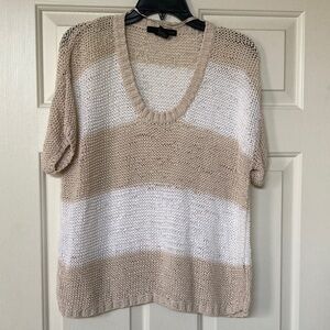 Calvin Klein Beige and White Striped V-Neck Sweater